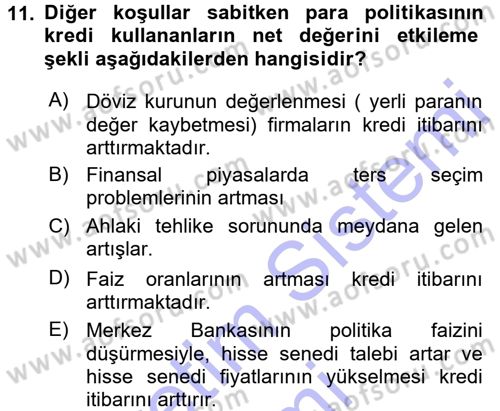 Para ve Banka Dersi 2015 - 2016 Yılı (Final) Dönem Sonu Sınav Soruları 11. Soru