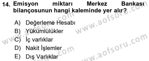 Para ve Banka Dersi 2015 - 2016 Yılı (Final) Dönem Sonu Sınav Soruları 14. Soru