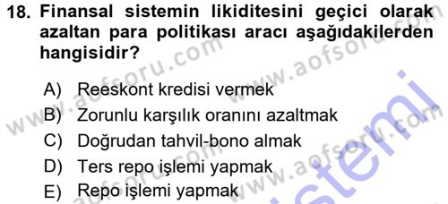 Para ve Banka Dersi 2015 - 2016 Yılı (Final) Dönem Sonu Sınav Soruları 18. Soru