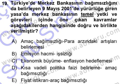 Para ve Banka Dersi 2015 - 2016 Yılı (Final) Dönem Sonu Sınav Soruları 19. Soru