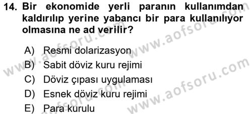 Para ve Banka Dersi 2015 - 2016 Yılı Tek Ders Sınavı 14. Soru