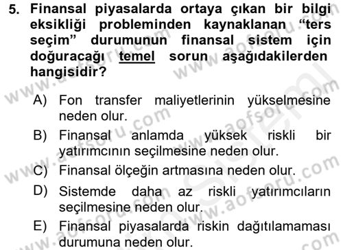 Para ve Banka Dersi 2015 - 2016 Yılı Tek Ders Sınavı 5. Soru