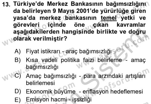 Para ve Banka Dersi 2016 - 2017 Yılı 3 Ders Sınav Soruları 13. Soru