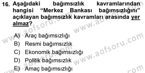 Para ve Banka Dersi 2016 - 2017 Yılı 3 Ders Sınavı 16. Soru