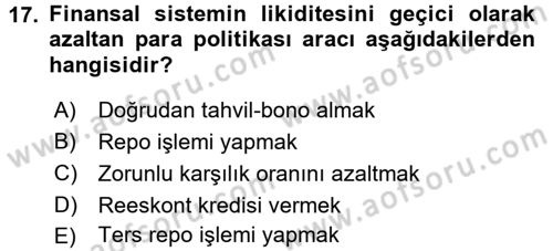 Para ve Banka Dersi 2016 - 2017 Yılı 3 Ders Sınav Soruları 17. Soru