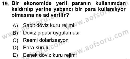 Para ve Banka Dersi 2016 - 2017 Yılı 3 Ders Sınav Soruları 19. Soru