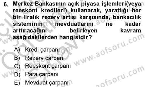 Para ve Banka Dersi 2016 - 2017 Yılı 3 Ders Sınavı 6. Soru