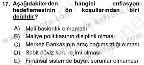 Para ve Banka Dersi 2016 - 2017 Yılı (Final) Dönem Sonu Sınav Soruları 17. Soru