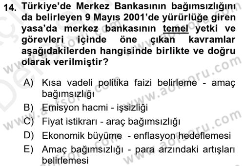 Para ve Banka Dersi 2017 - 2018 Yılı 3 Ders Sınavı 14. Soru