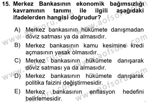 Para ve Banka Dersi 2017 - 2018 Yılı 3 Ders Sınavı 15. Soru