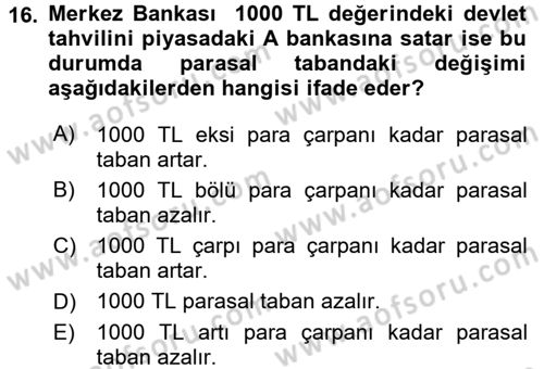 Para ve Banka Dersi 2017 - 2018 Yılı 3 Ders Sınavı 16. Soru