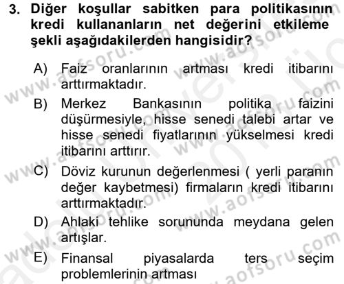 Para ve Banka Dersi 2017 - 2018 Yılı 3 Ders Sınavı 3. Soru