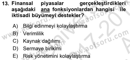 Para ve Banka Dersi Ara Sınavı Deneme Sınav Soruları 13. Soru