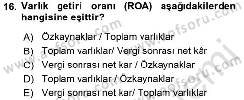 Para ve Banka Dersi Ara Sınavı Deneme Sınav Soruları 16. Soru