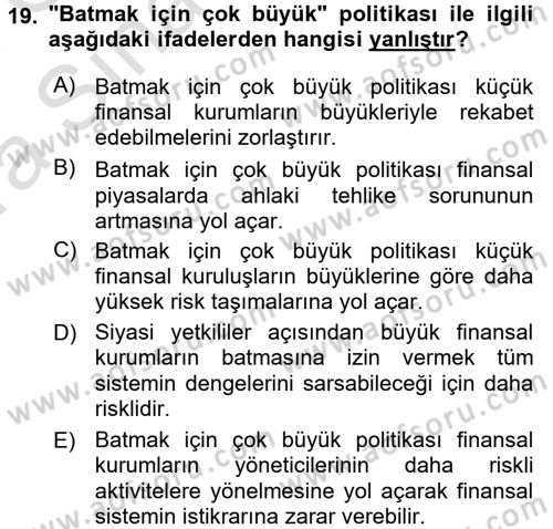 Para ve Banka Dersi Ara Sınavı Deneme Sınav Soruları 19. Soru