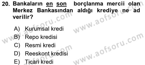Para ve Banka Dersi Ara Sınavı Deneme Sınav Soruları 20. Soru