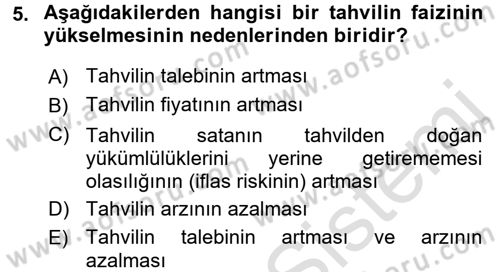 Para ve Banka Dersi Ara Sınavı Deneme Sınav Soruları 5. Soru