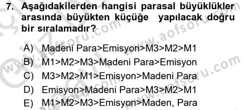 Para ve Banka Dersi Ara Sınavı Deneme Sınav Soruları 7. Soru