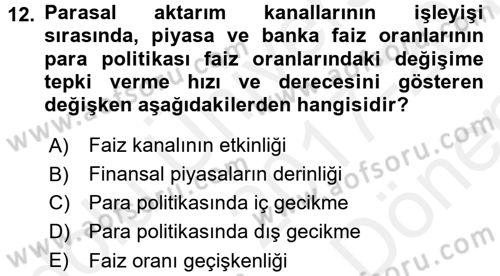 Para ve Banka Dersi 2017 - 2018 Yılı (Final) Dönem Sonu Sınav Soruları 12. Soru