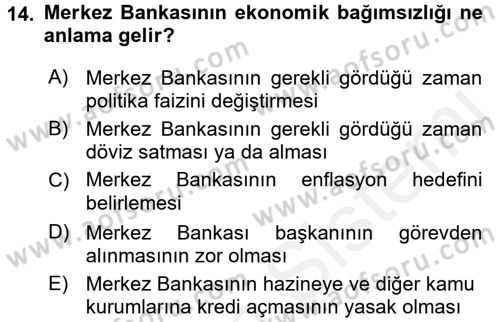 Para ve Banka Dersi 2017 - 2018 Yılı (Final) Dönem Sonu Sınav Soruları 14. Soru