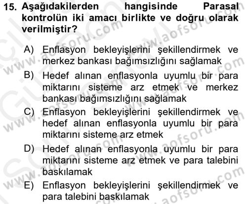 Para ve Banka Dersi 2017 - 2018 Yılı (Final) Dönem Sonu Sınav Soruları 15. Soru