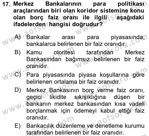Para ve Banka Dersi 2017 - 2018 Yılı (Final) Dönem Sonu Sınav Soruları 17. Soru