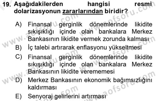 Para ve Banka Dersi 2017 - 2018 Yılı (Final) Dönem Sonu Sınav Soruları 19. Soru