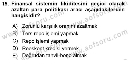 Para ve Banka Dersi 2018 - 2019 Yılı 3 Ders Sınav Soruları 15. Soru