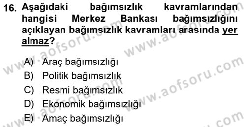Para ve Banka Dersi 2018 - 2019 Yılı 3 Ders Sınav Soruları 16. Soru
