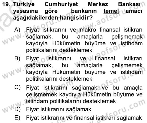 Para ve Banka Dersi 2018 - 2019 Yılı 3 Ders Sınav Soruları 19. Soru