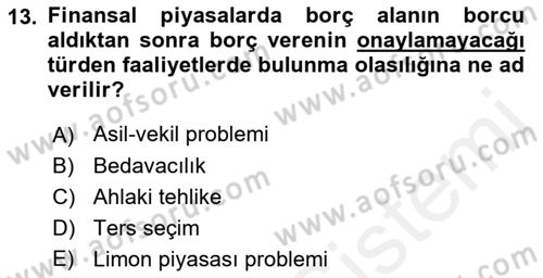 Para ve Banka Dersi 2018 - 2019 Yılı (Vize) Ara Sınavı 13. Soru