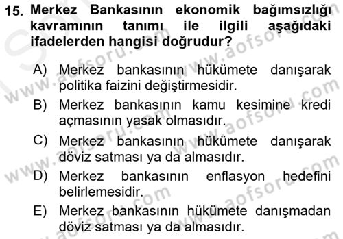 Para ve Banka Dersi 2018 - 2019 Yılı (Final) Dönem Sonu Sınavı 15. Soru