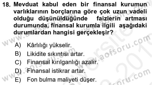 Para ve Banka Dersi 2018 - 2019 Yılı (Final) Dönem Sonu Sınav Soruları 18. Soru