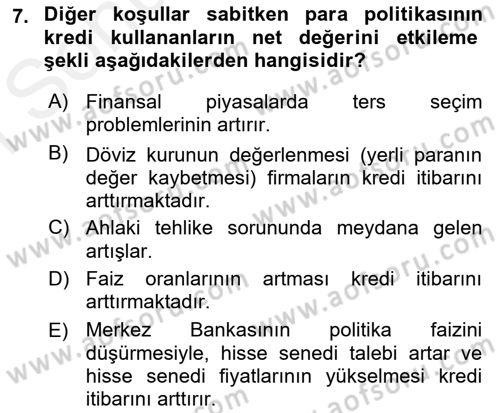 Para ve Banka Dersi 2018 - 2019 Yılı (Final) Dönem Sonu Sınav Soruları 7. Soru