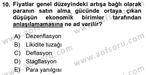 Para ve Banka Dersi 2018 - 2019 Yılı Yaz Okulu Sınav Soruları 10. Soru