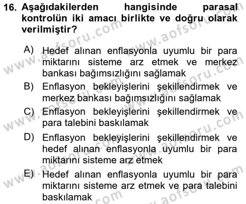Para ve Banka Dersi 2018 - 2019 Yılı Yaz Okulu Sınav Soruları 16. Soru