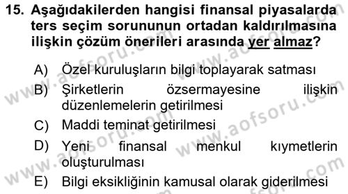 Para ve Banka Dersi 2019 - 2020 Yılı (Vize) Ara Sınavı 15. Soru