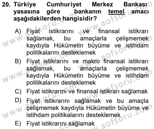 Para ve Banka Dersi 2019 - 2020 Yılı (Final) Dönem Sonu Sınavı 20. Soru