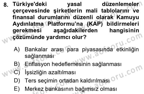 Para ve Banka Dersi 2022 - 2023 Yılı (Vize) Ara Sınavı 8. Soru