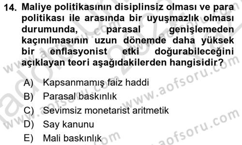 Para ve Banka Dersi 2022 - 2023 Yılı Yaz Okulu Sınav Soruları 14. Soru