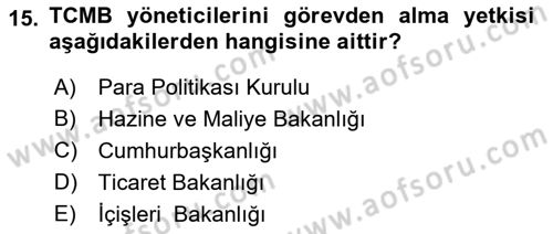 Para ve Banka Dersi 2022 - 2023 Yılı Yaz Okulu Sınav Soruları 15. Soru