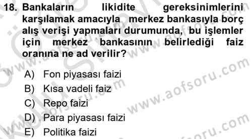 Para ve Banka Dersi 2022 - 2023 Yılı Yaz Okulu Sınav Soruları 18. Soru
