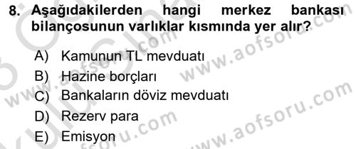 Para ve Banka Dersi 2022 - 2023 Yılı Yaz Okulu Sınav Soruları 8. Soru