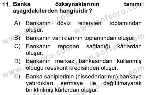 Para ve Banka Dersi Ara Sınavı Deneme Sınav Soruları 11. Soru