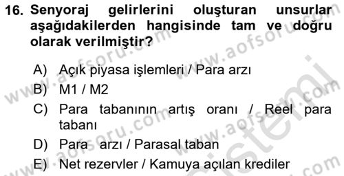 Para ve Banka Dersi 2023 - 2024 Yılı (Vize) Ara Sınavı 16. Soru