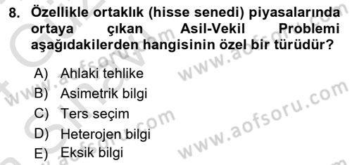 Para ve Banka Dersi 2023 - 2024 Yılı (Vize) Ara Sınav Soruları 8. Soru