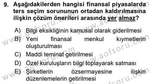 Para ve Banka Dersi 2023 - 2024 Yılı (Vize) Ara Sınavı 9. Soru