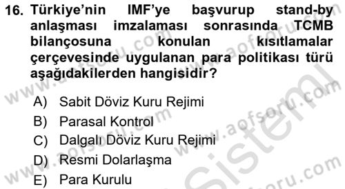 Para ve Banka Dersi 2023 - 2024 Yılı (Final) Dönem Sonu Sınav Soruları 16. Soru