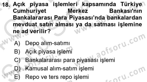 Para ve Banka Dersi 2023 - 2024 Yılı (Final) Dönem Sonu Sınav Soruları 18. Soru
