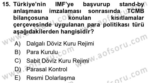 Para ve Banka Dersi 2023 - 2024 Yılı Yaz Okulu Sınav Soruları 15. Soru